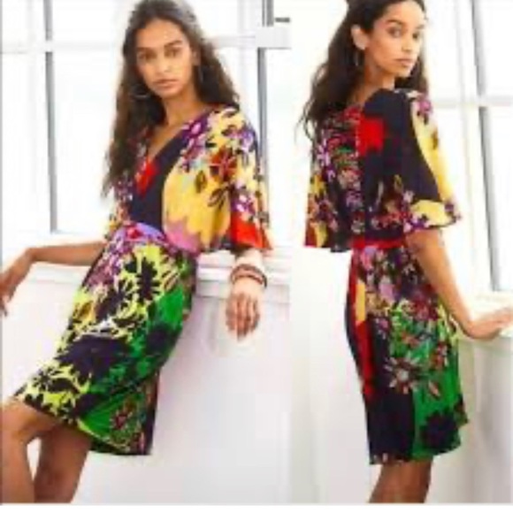 New Ranna Gill Sabatina Kimono Sleeve Floral V Neck Ruched Mini Midi Dress - Picture 1 of 8